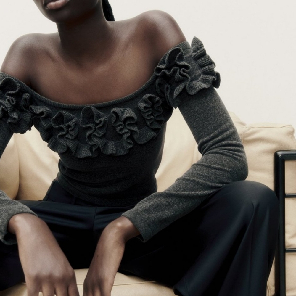 NEW ZARA RUFFLED CHENILLE CROP TOP
